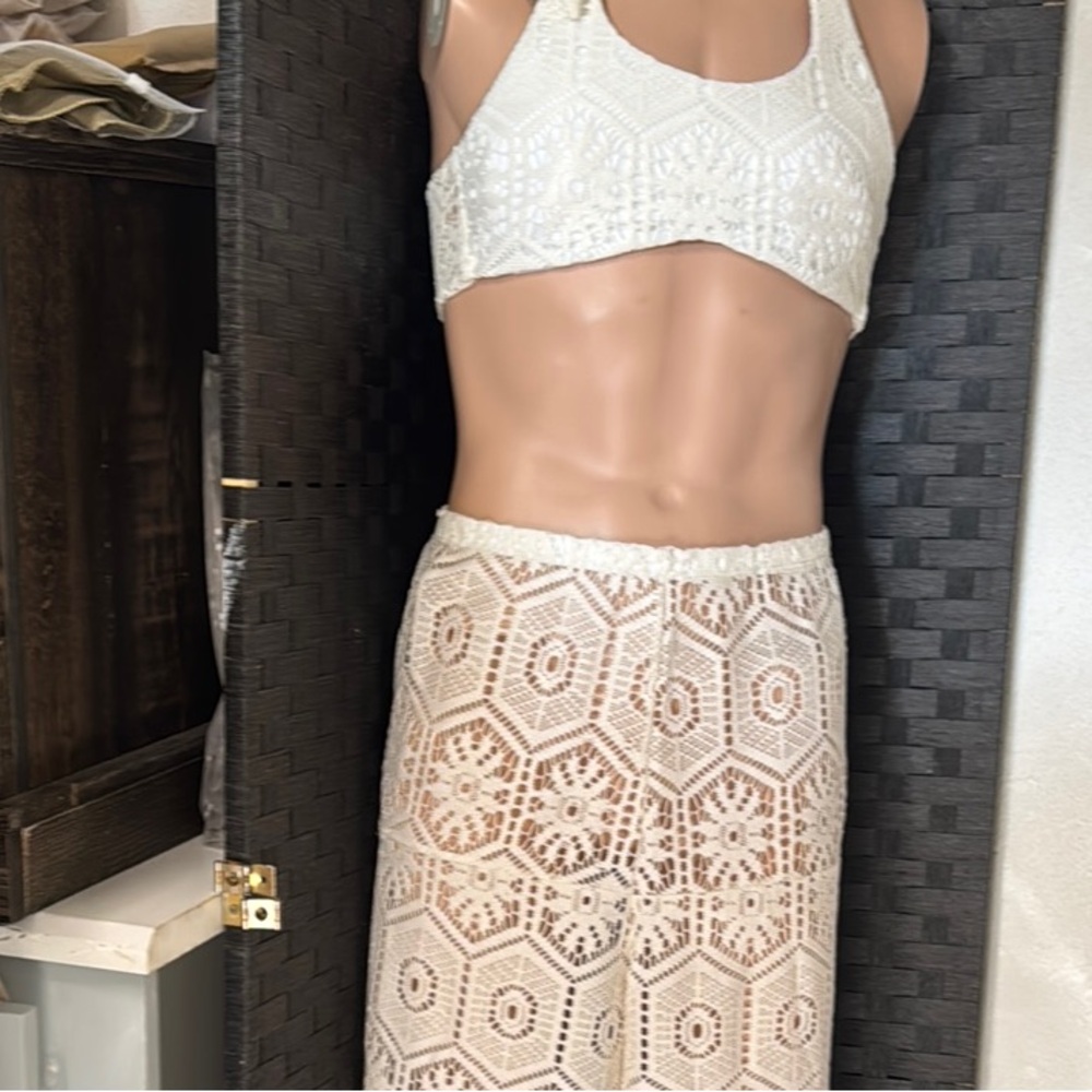 Cream Crochet Halter Top and Pants Set